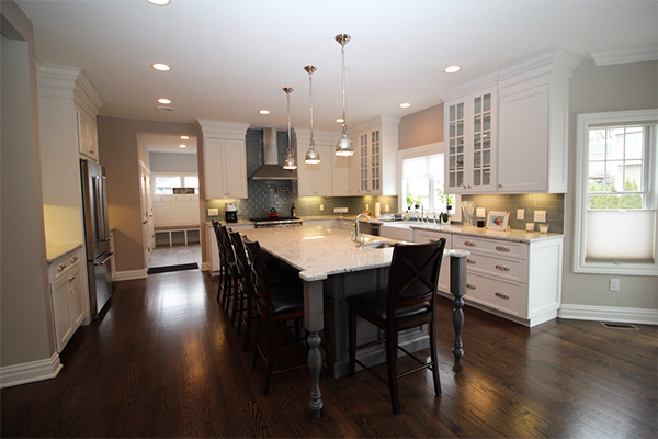 White Kitchen Cabinets with Dark Wood Island - K&B Home Solutions